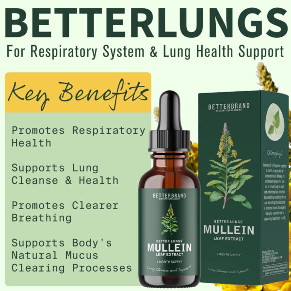 mullein extract liquid with information about supporting respiratory health, lung health, clear breathing, mucus clearing, and lung cleansing